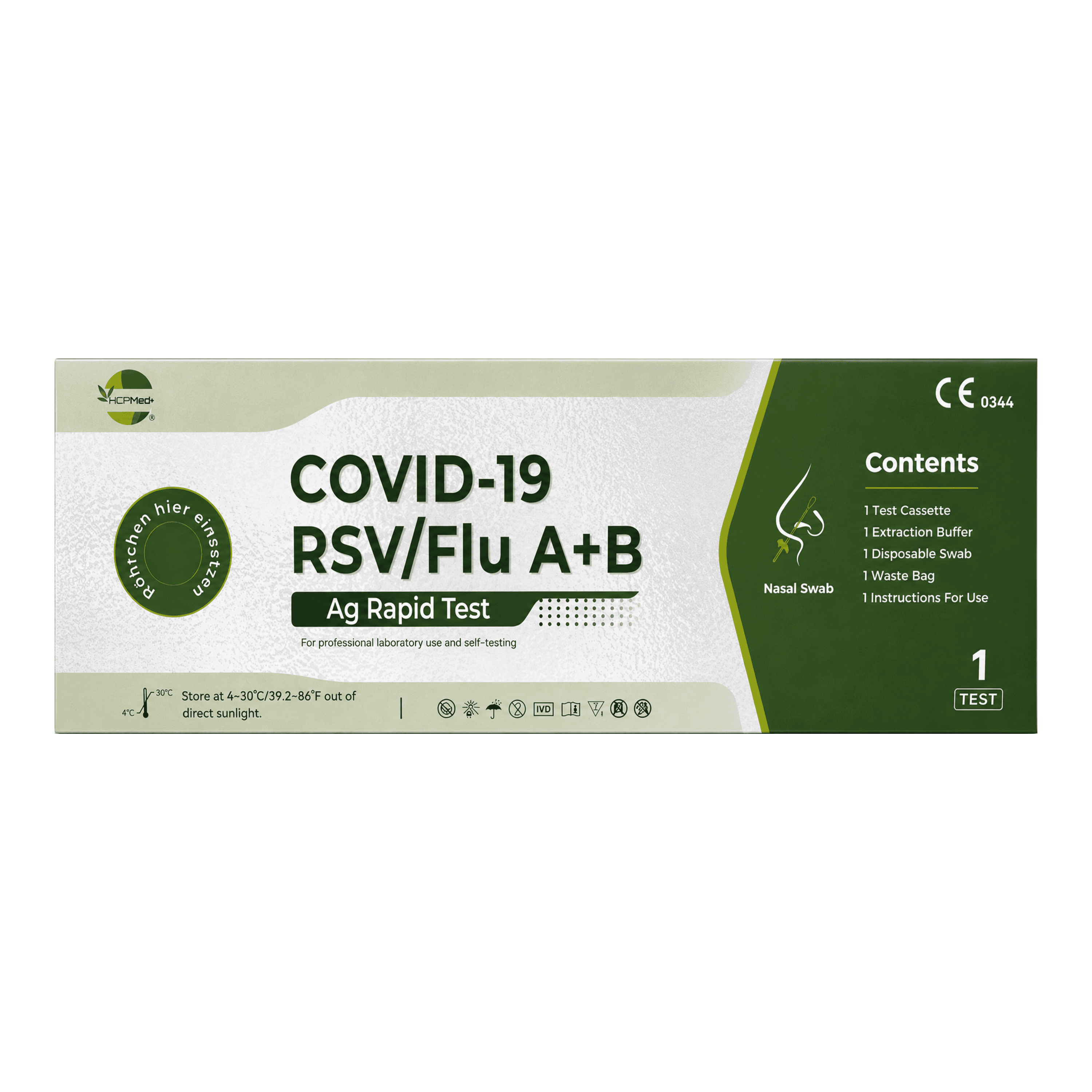 HCP Med+ COVID-19/RSV/Influenza A+B Antigen-Schnelltest – 4-in-1 Nasenabstrichtest